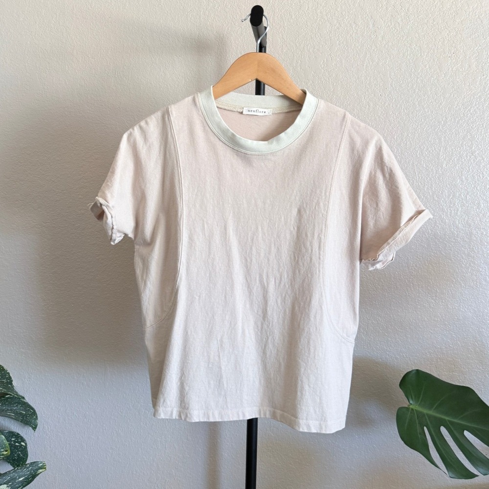 Neuflora Women Beige Cotton Short Sleeve Crew Neck Tee Shirt Size S Minimalist